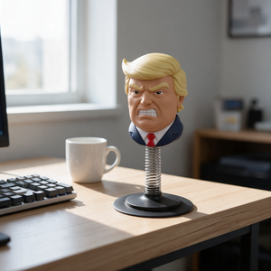 Rageheads punching head on a home office desk beside a keyboard and coffee mug
